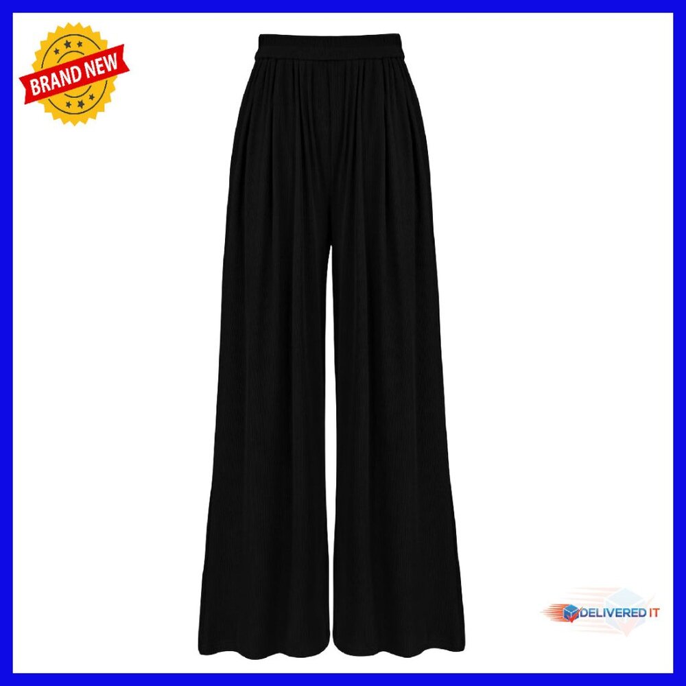 High Waist Palazzo Pants Knit Wide Leg Trousers Side Pockets